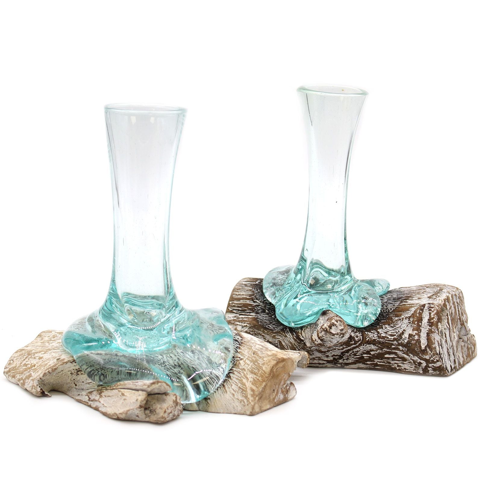 Alt Tag: Gamal Wood Molten Glass Vase – Small, hand-blown recycled glass formed over Gamal wood base, small decorative vase