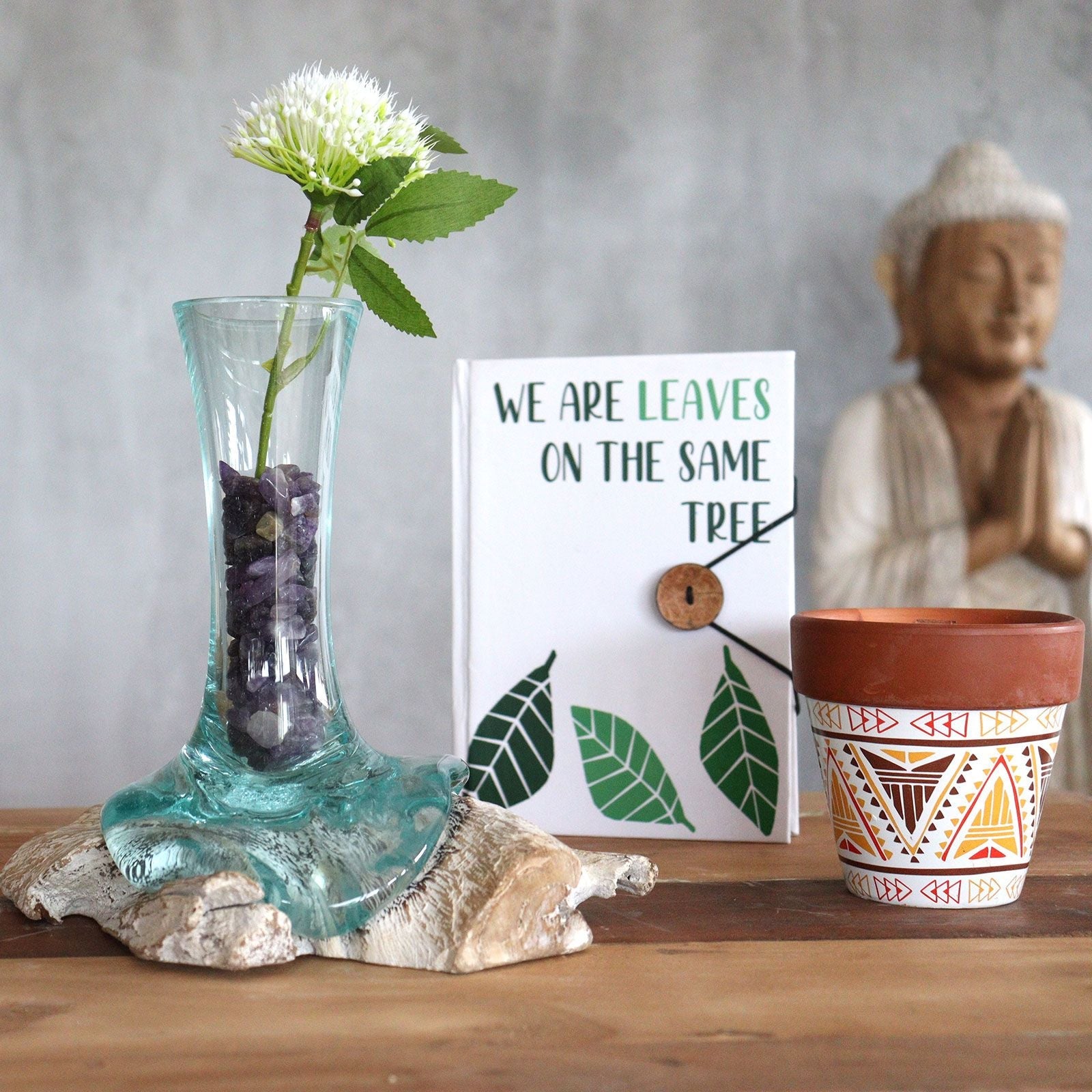 Gamal Wood Molten Glass Vase – Small with hand-blown recycled glass on Gamal wood base, holding flower on tabletop decor