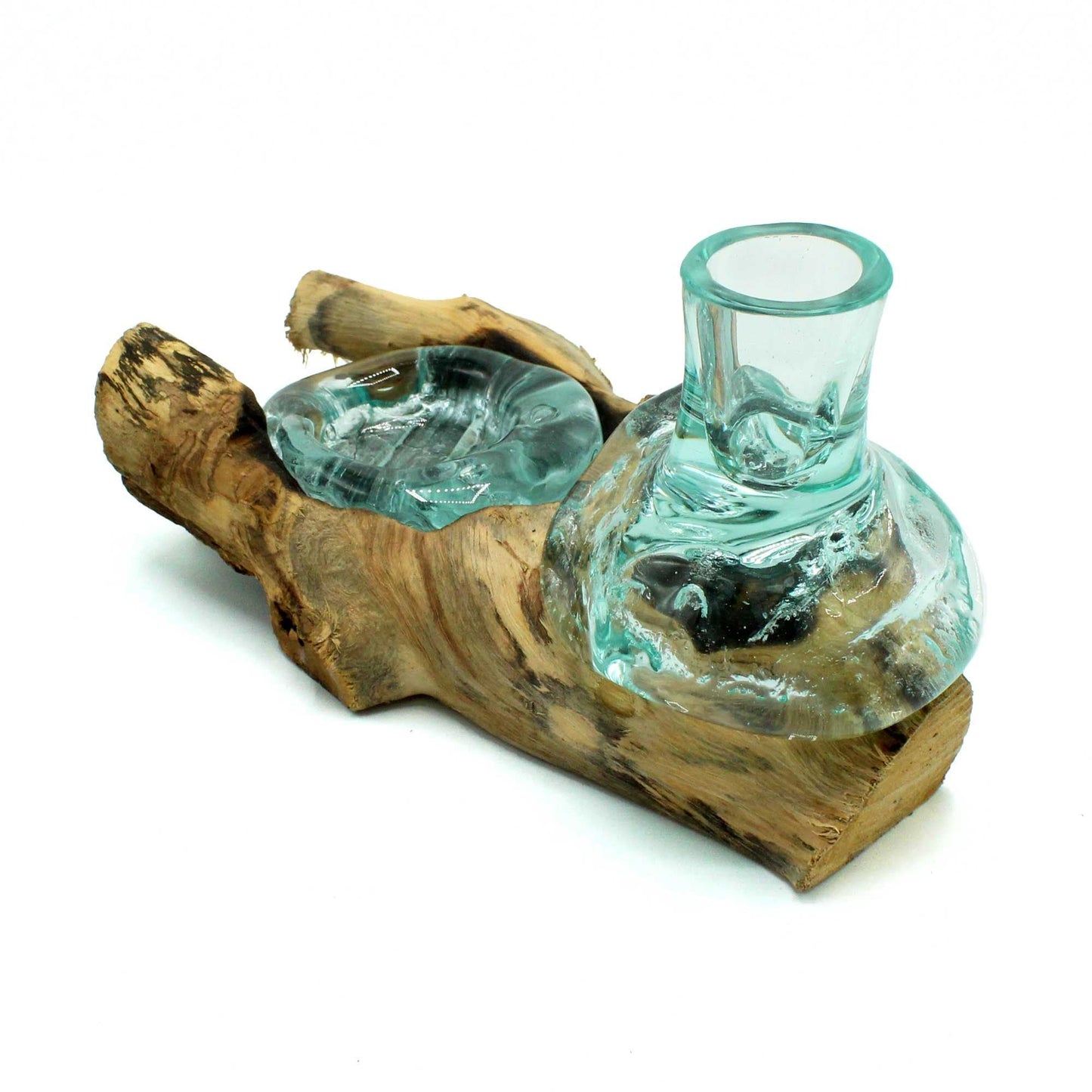 Alt Tag: Gamal Wood Molten Glass Vase – Tealight Holder, handcrafted glass on sustainable wood base, flower vase and candle holder