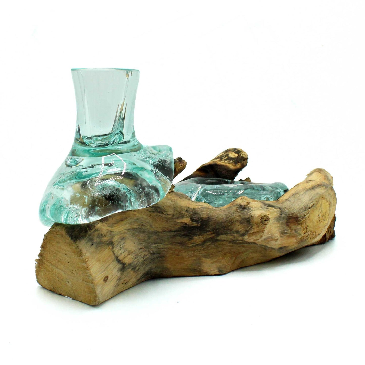 Alt Tag: Gamal Wood Molten Glass Vase – Tealight Holder, jarrón de vidrio fundido con base de madera Gamal para flores o vela tealight