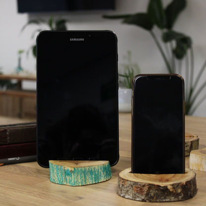 Gamal Wood Phone Holder – Large Greenwash handcrafted wooden smartphone stand with greenwash finish, 13x9x2.5 cm