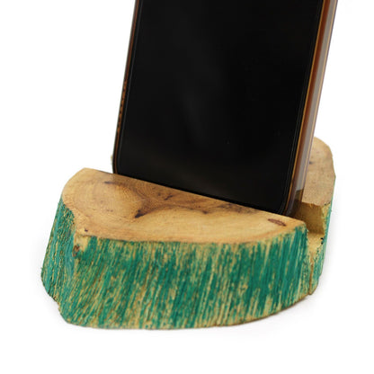 Alt Tag: Gamal Wood Phone Holder – Large Greenwash, greenwash-finish wooden phone stand holding smartphone, handcrafted Indonesia