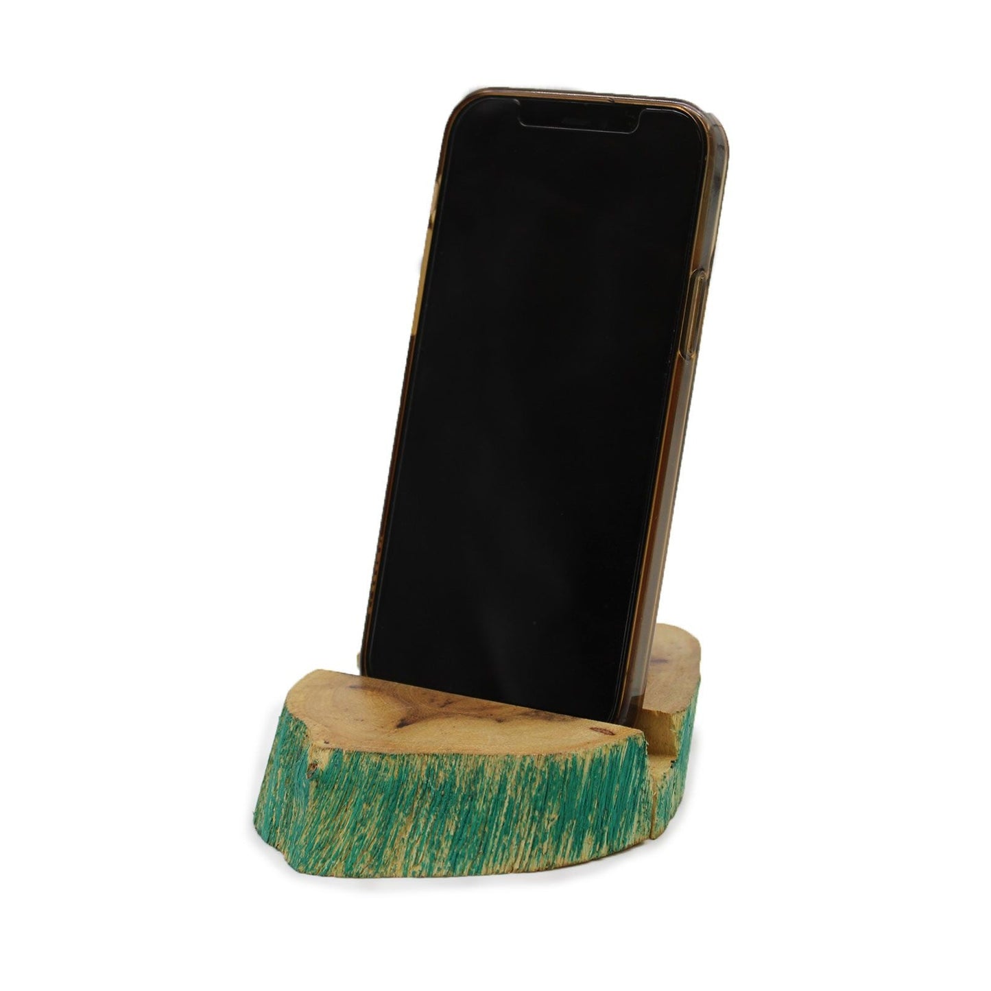 Alt Tag: Gamal Wood Phone Holder – Large Greenwash, soporte de teléfono de madera acabado verdewash con smartphone, 13x9x2.5 cm