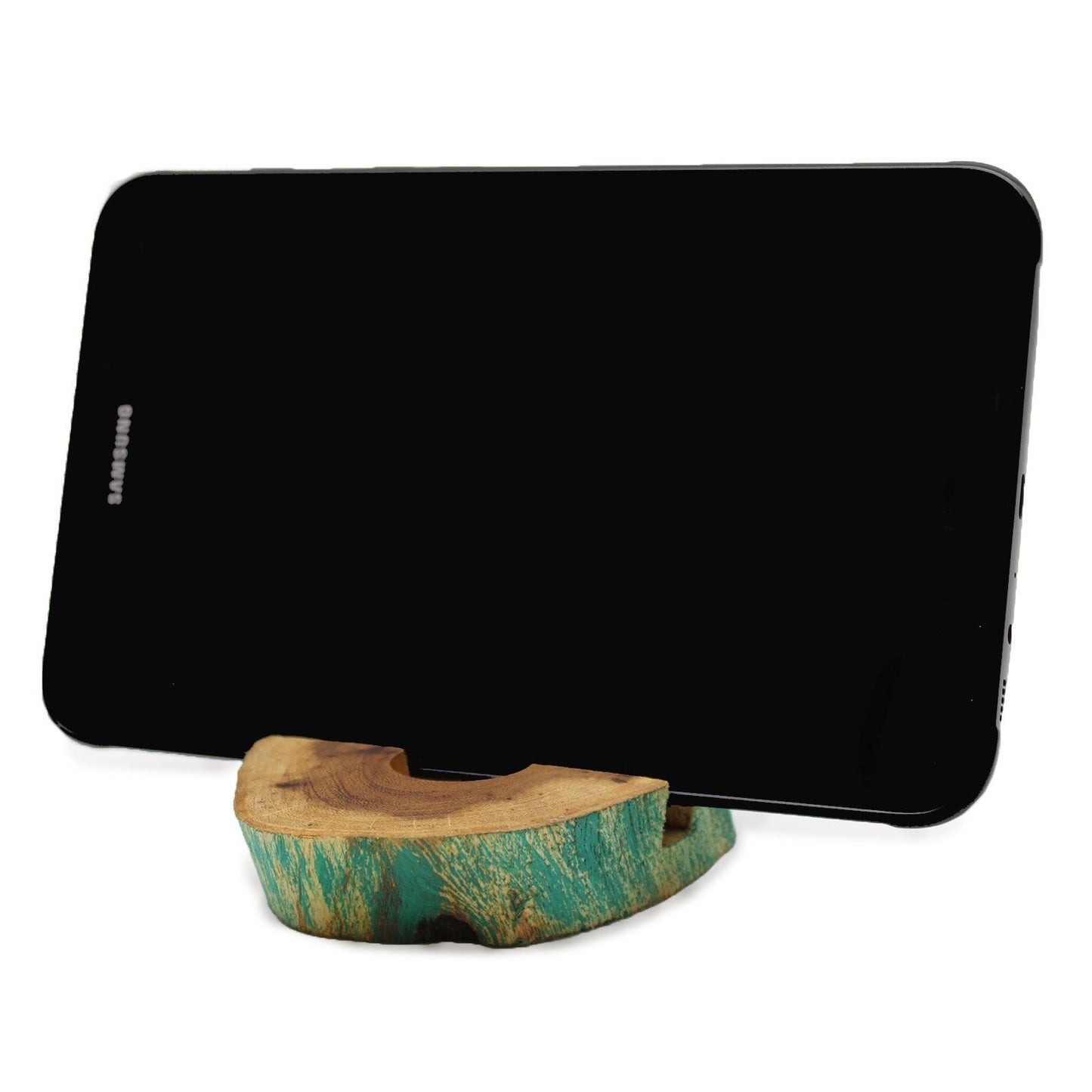Gamal Wood Phone Holder – Large Greenwash sosteniendo tablet en soporte de madera con acabado greenwash