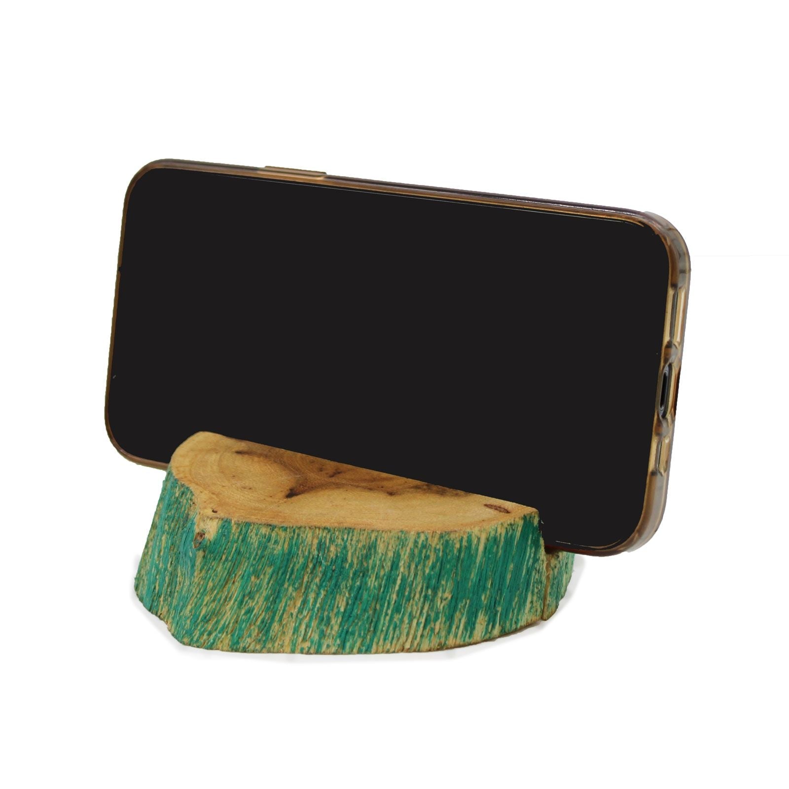 Gamal Wood Phone Holder – Large Greenwash soporte de madera verdewash para smartphone, hecho a mano, vista frontal con teléfono
