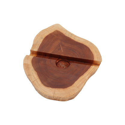 Gamal Wood Phone Holder – Large, Natural, carved round wood slice phone stand with slot, natural finish, 14x2.5 cm