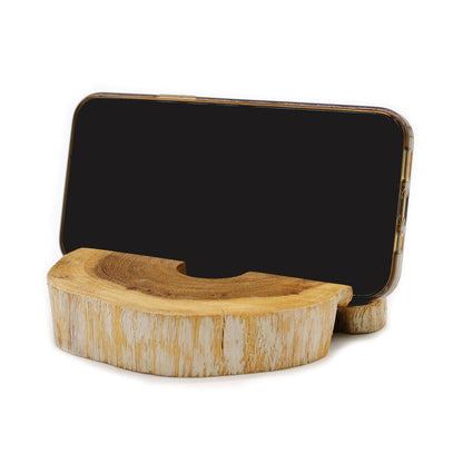 Alt Tag: Gamal Wood Phone Holder – Large Whitewash wooden phone stand with whitewash finish holding smartphone, 13x12x3 cm