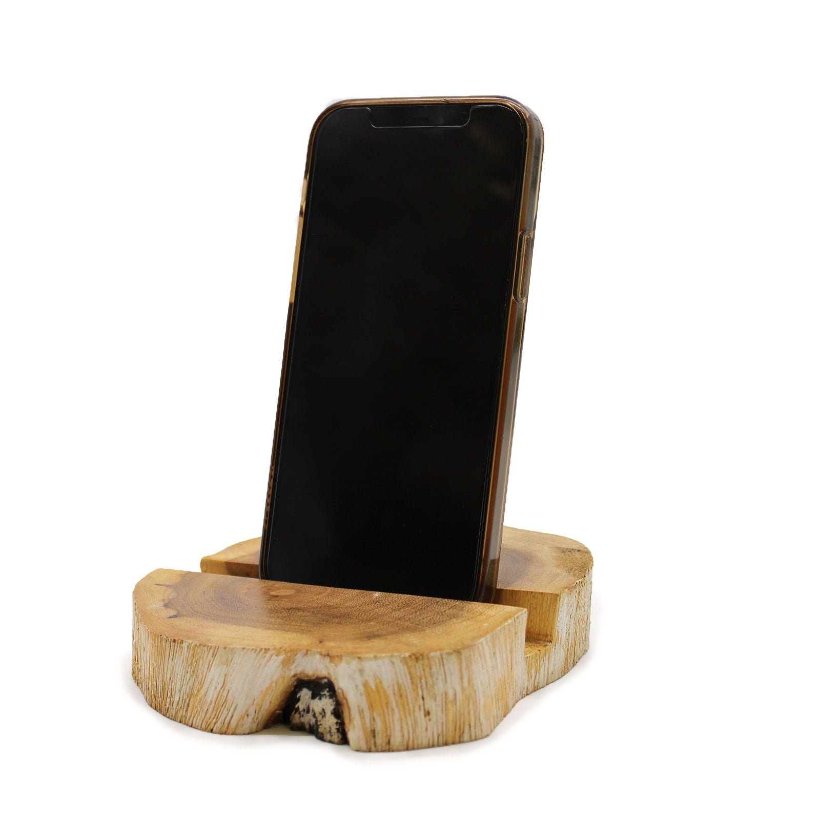 Gamal Wood Phone Holder – Large Whitewash wooden phone stand holding smartphone, whitewashed finish
