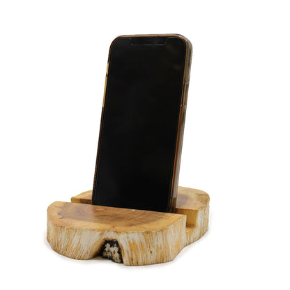 Gamal Wood Phone Holder – Large Whitewash wooden phone stand holding smartphone, whitewashed finish