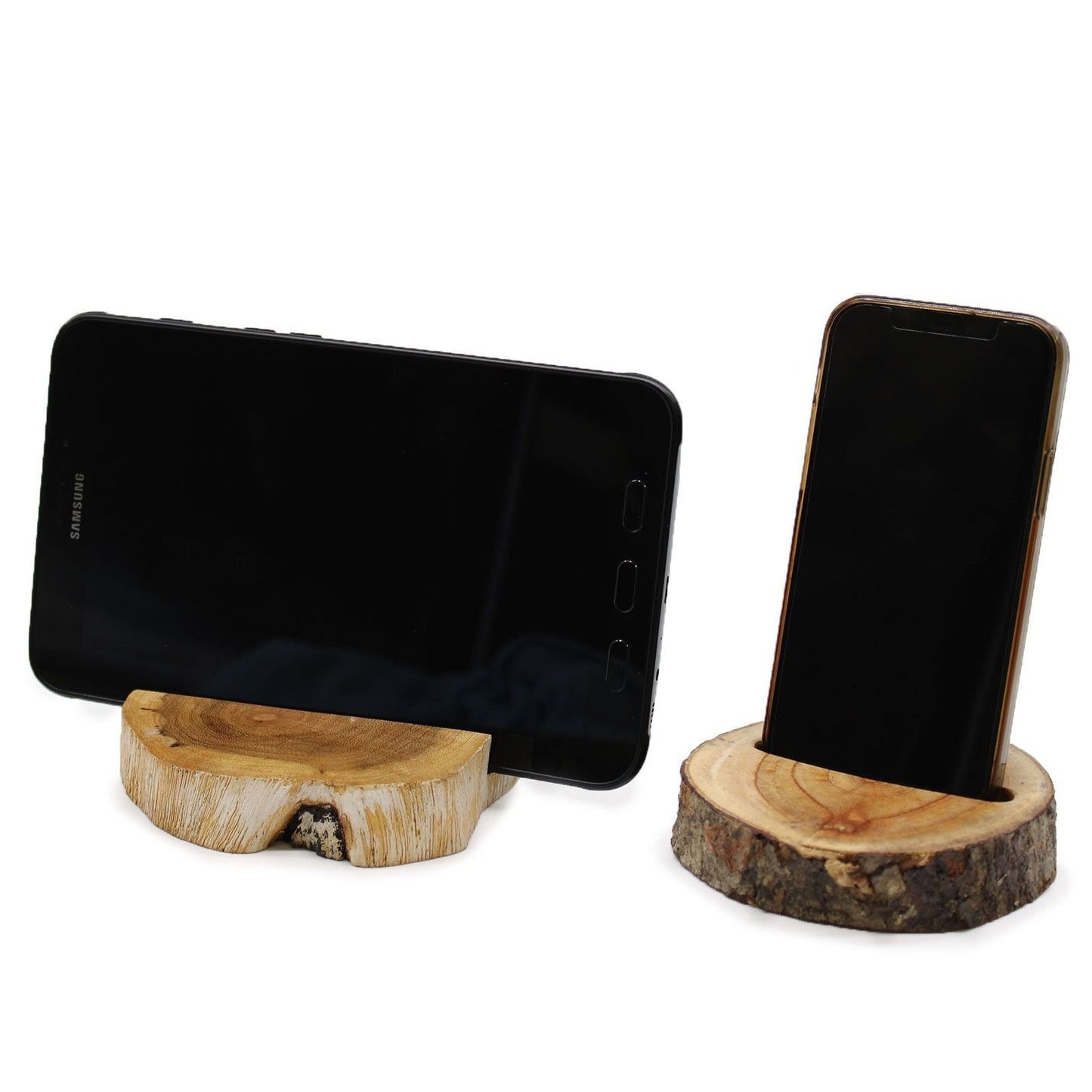 Alt Tag: Gamal Wood Phone Holder – Large Whitewash wooden phone stand with whitewashed finish holding smartphone, 13x12x3 cm