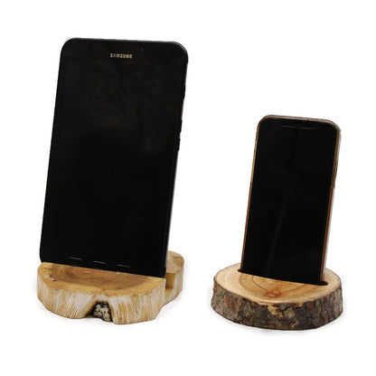 Alt Tag: Gamal Wood Phone Holder – Large Whitewash wooden phone stand with whitewash finish holding smartphone, rustic round base