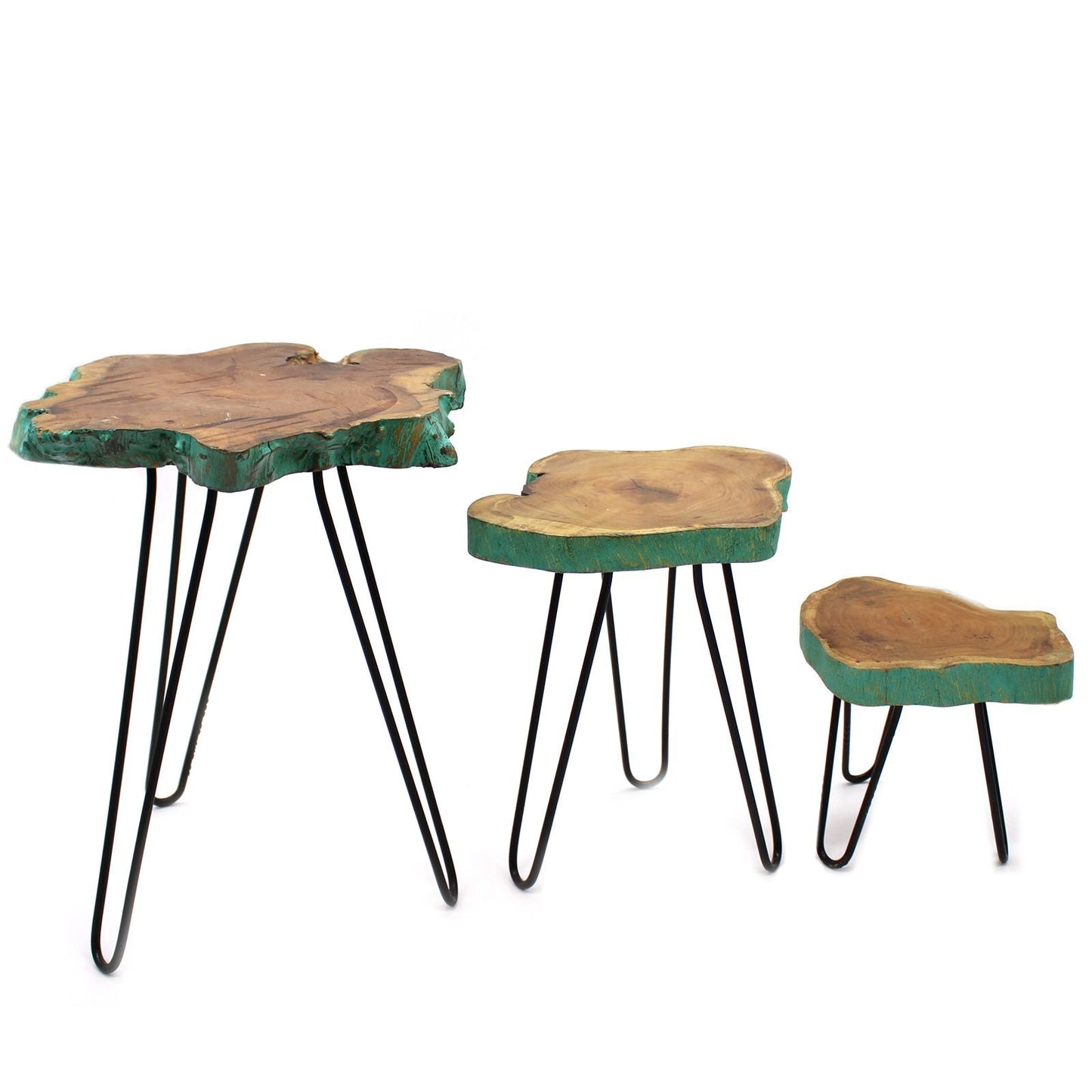 Gamal Wood Plant Stands – Greenwash-set med 3 st, trio av växtställ i trä med greenwash-finish och svarta hairpin-ben