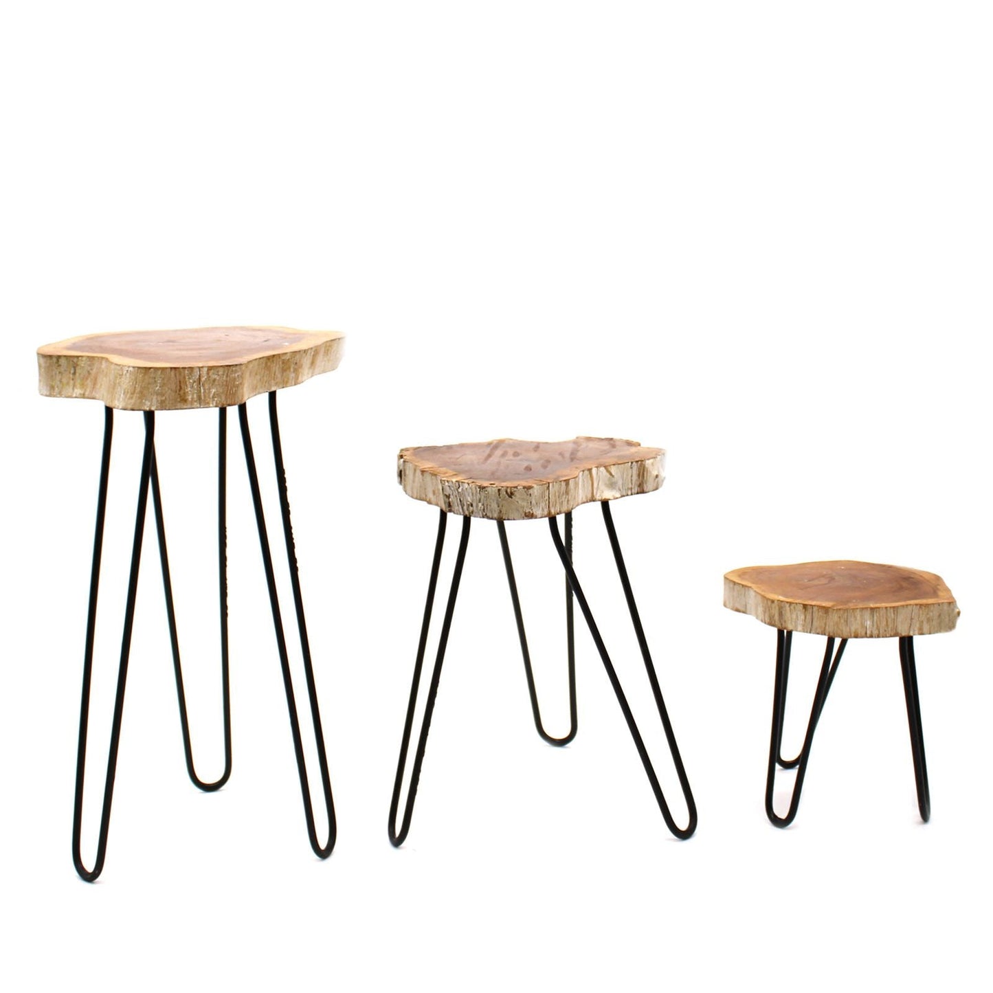 Alt-tagg: Gamal Wood Plant Stands – Whitewash-set med 3 st, växtställ i trä med vitlaserad finish och svarta hairpin-ben i metall