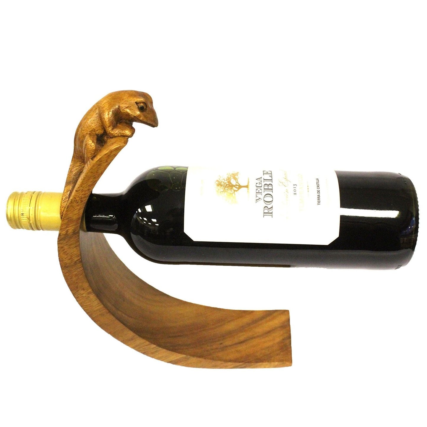 Gecko Suar Wood Bottle Holder – 26 CM handgjort vinställ i suarträ i form av en gecko, flaskhållare med flaska