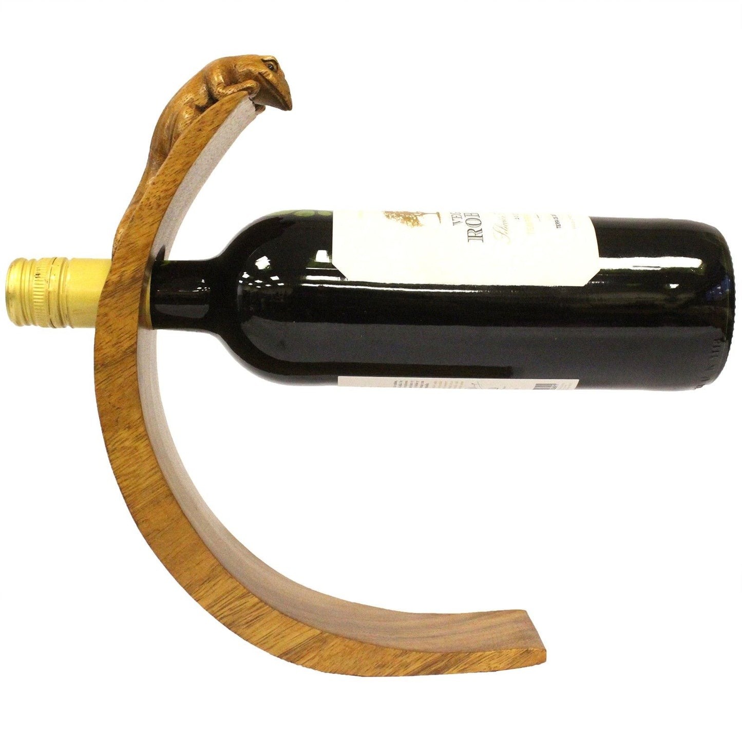 Gecko Suar Wood Bottle Holder – 26 CM handgjort flaskställ i suarträ med gecko för vinflaska, naturlig träådring som framhäver flaskan