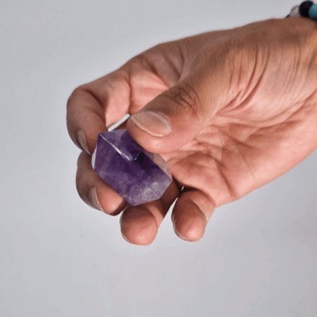 Alt Tag: Hand holding Gemstone Amethyst Points – 4-5.5CM purple crystal point specimen, natural gemstone from China