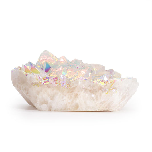 Gemstone Aura Angel Quartz – 300-450G, 8-15CM iridescent quartz cluster on white base, polished rainbow crystal points