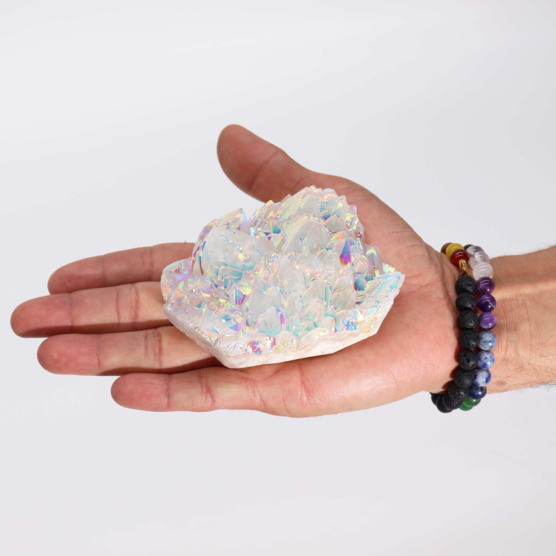 Alt Tag: Gemstone Aura Angel Quartz – 300-450G, 8-15CM iridescent crystal cluster in hand, polished rainbow aura quartz specimen