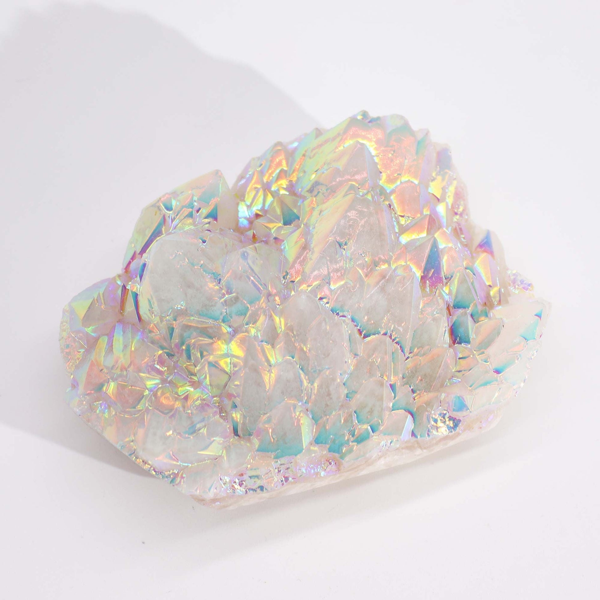 Gemstone Aura Angel Quartz – 300-450G, 8-15CM iridescent aura quartz crystal cluster with rainbow sheen on white background