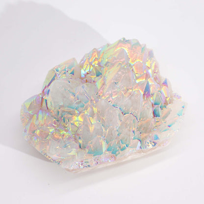Gemstone Aura Angel Quartz – 300-450G, 8-15CM iridescent aura quartz crystal cluster with rainbow sheen on white background