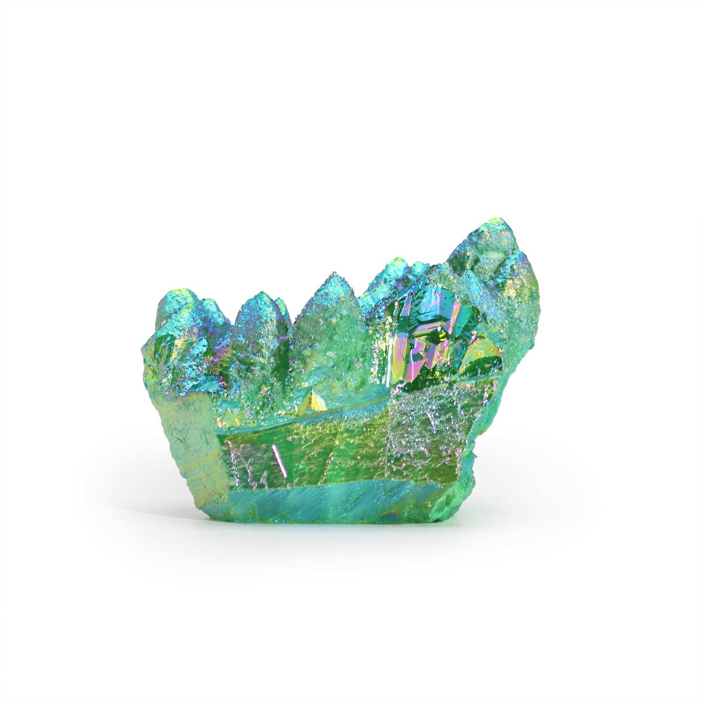 Alt Tag: Gemstone Aura Green Flame Quartz – 100-150G, 7-10CM green iridescent quartz cluster crystal on white background