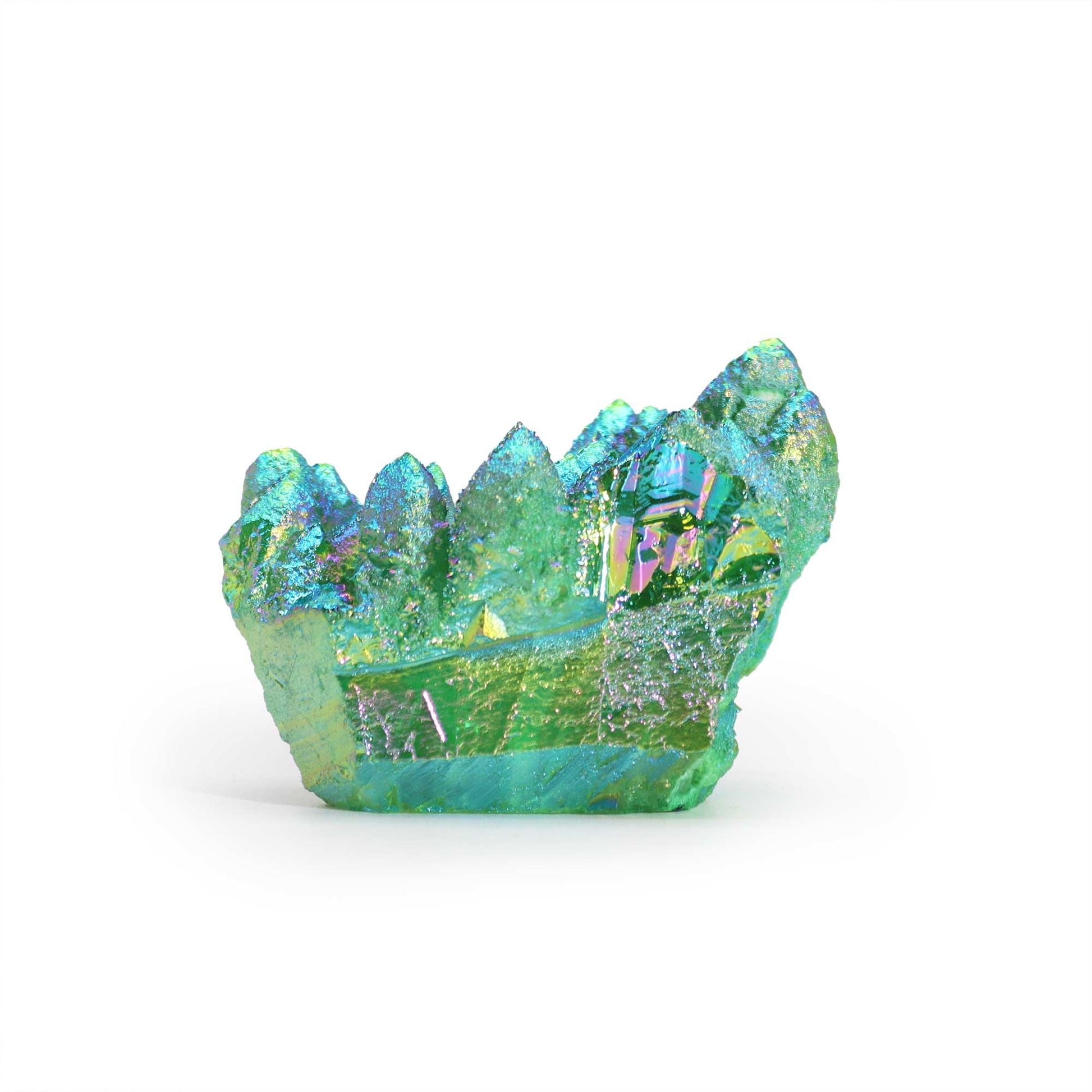 Alt Tag: Gemstone Aura Green Flame Quartz – 100-150G, 7-10CM green iridescent quartz cluster crystal on white background