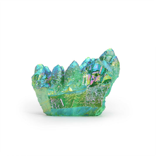 Alt Tag: Gemstone Aura Green Flame Quartz – 100-150G, 7-10CM green iridescent quartz cluster crystal on white background