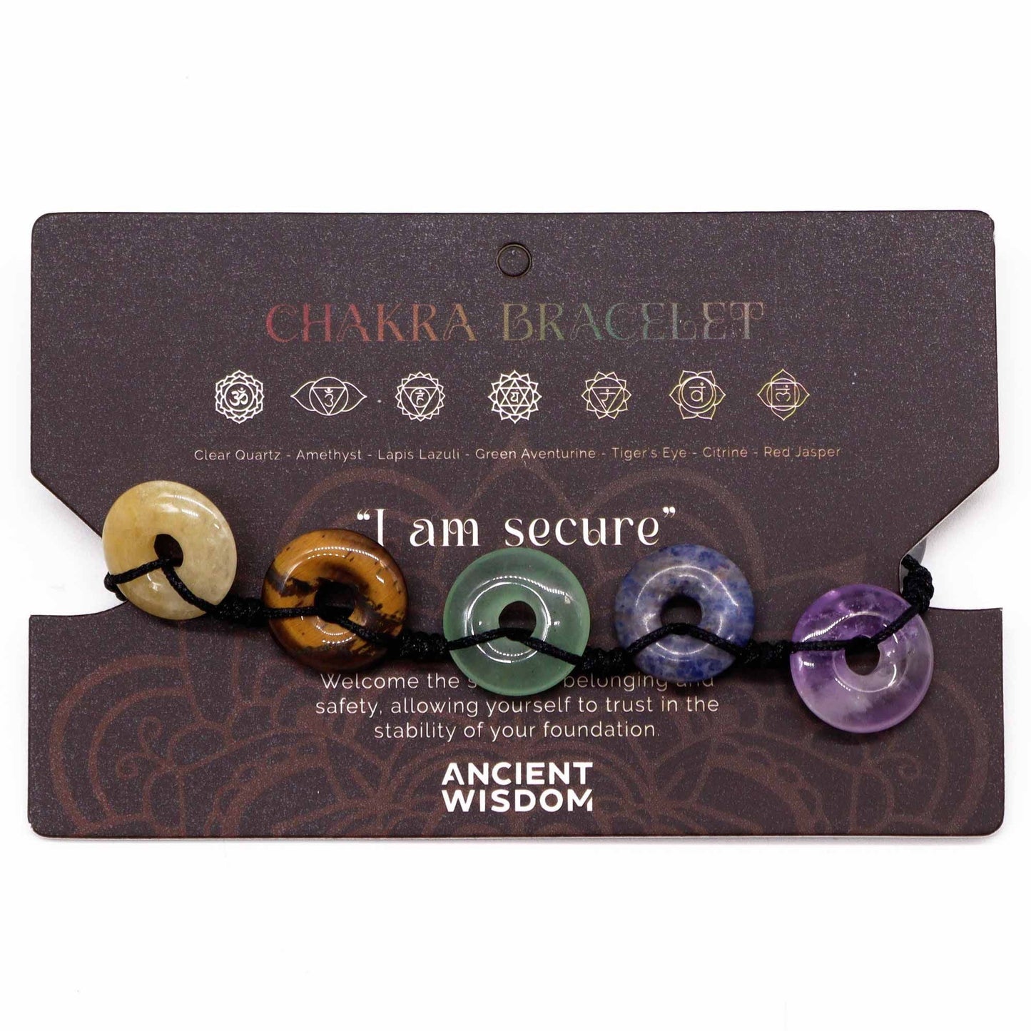 Gemstone Chakra Bracelet – Large Donuts on display card with multicolor donut gemstones and black cord