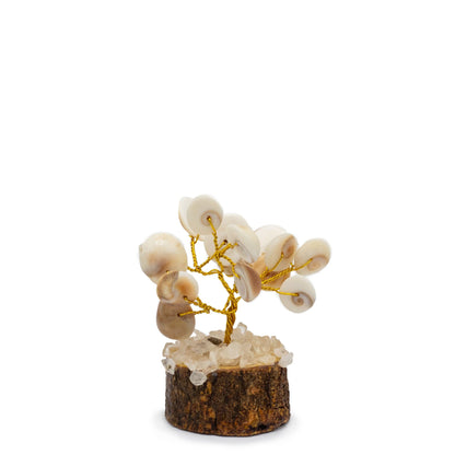 Gemstone Gomati Chakra Stone Trees – 15 Stones, handcrafted 7x6 cm decorative stone tree with white stones on wooden base