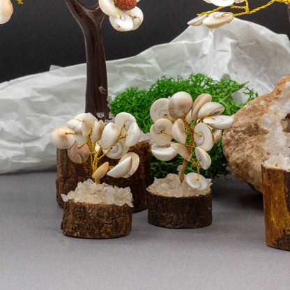 Gemstone Gomati Chakra Stone Trees – 15 Stones, árbol decorativo artesanal con 15 piedras Gomati Chakra sobre base de madera (7x6 cm)