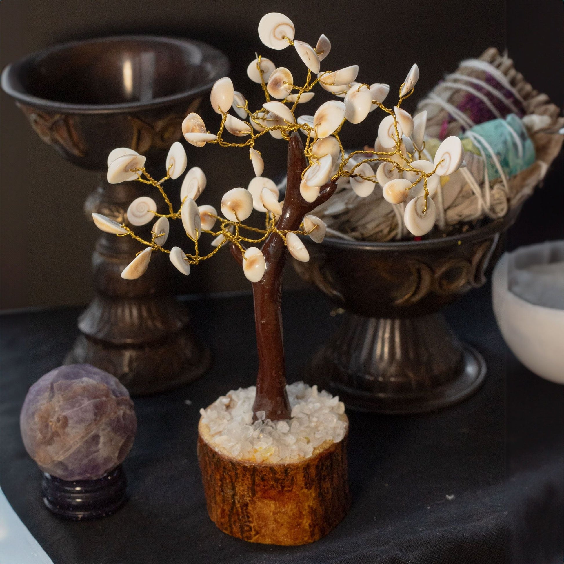 Gemstone Gomati Chakra Stone Tree – 60 Stones handcrafted wire bonsai with spiral shells on wooden base, home decor display