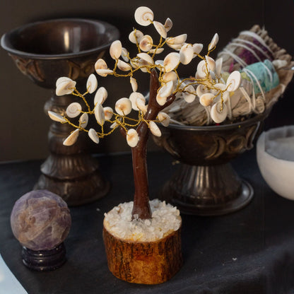 Gemstone Gomati Chakra Stone Tree – 60 Stones handcrafted wire bonsai with spiral shells on wooden base, home decor display