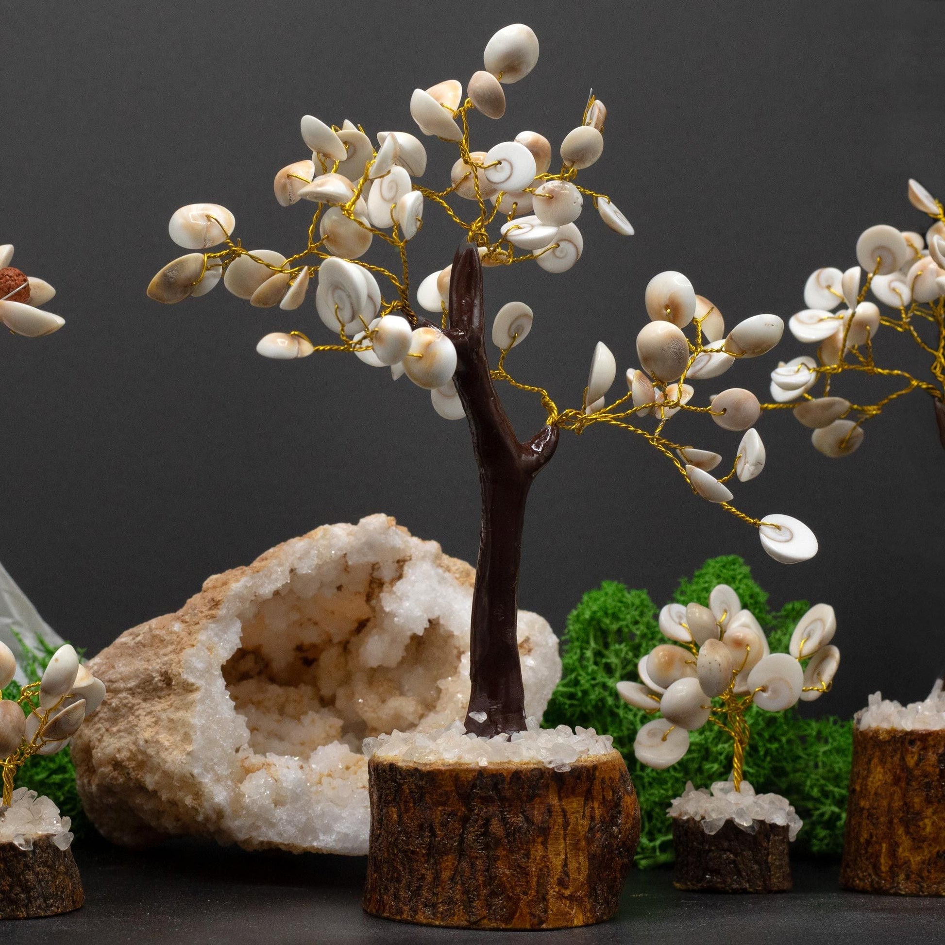 Gemstone Gomati Chakra Stone Tree – 60 Stones handcrafted gemstone tree with spiral shells on wire branches, home decor display