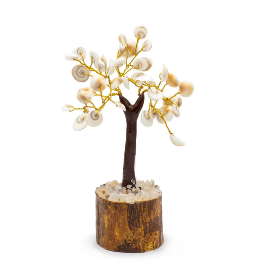 Gemstone Gomati Chakra Stone Tree – Medium (45 Stones), árbol decorativo con 45 piedras Gomati Chakra y ramas doradas sobre base de madera