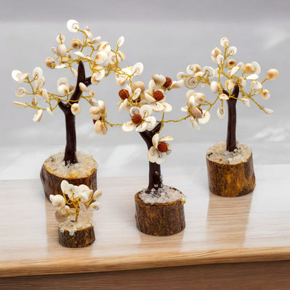 Alt Tag: Gemstone Gomati Chakra Trees – 18x13 CM Set of 4, handmade shell gemstone tree decor on wooden base for home or meditation space