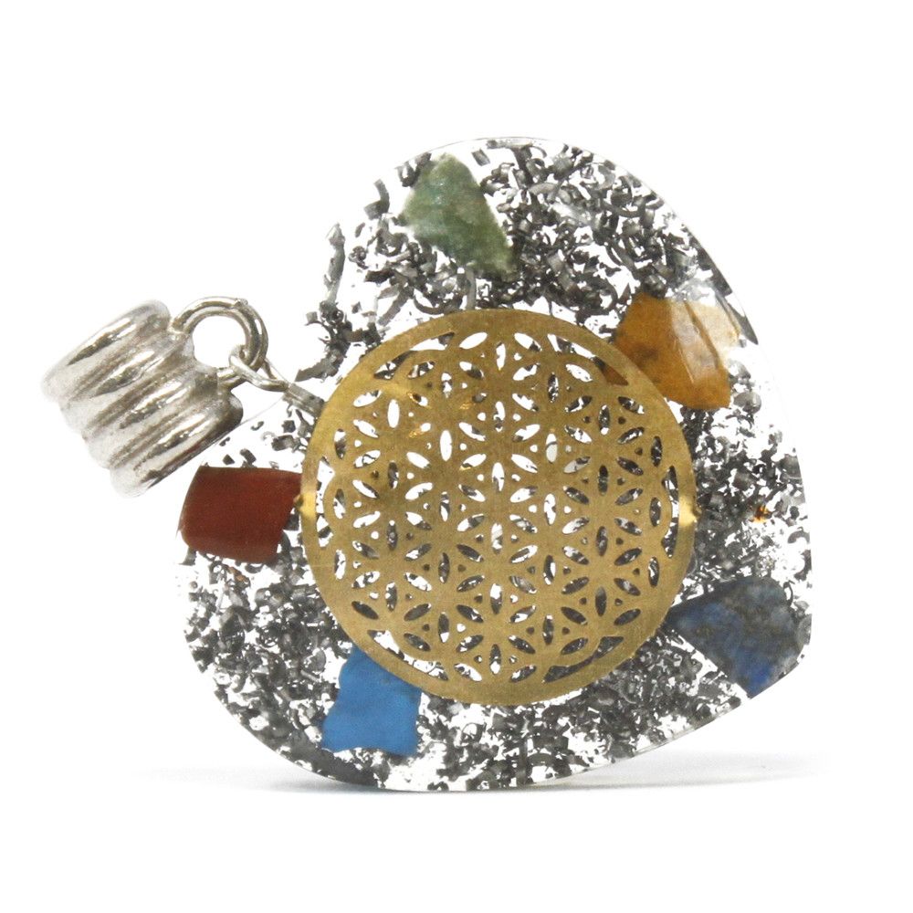 Gemstone Heart Orgonite Pendant – 7 Chakra Power heart pendant with resin, metal shavings and multicolor gemstones, flower-of-life detail
