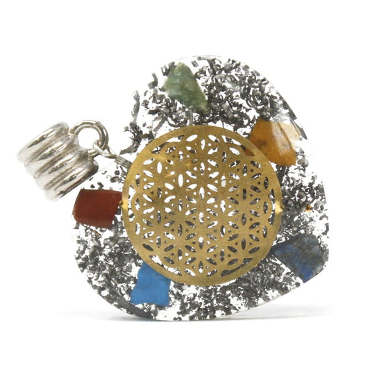 Gemstone Heart Orgonite Pendant – 7 Chakra Power heart pendant with resin, metal shavings and multicolor gemstones, flower-of-life detail