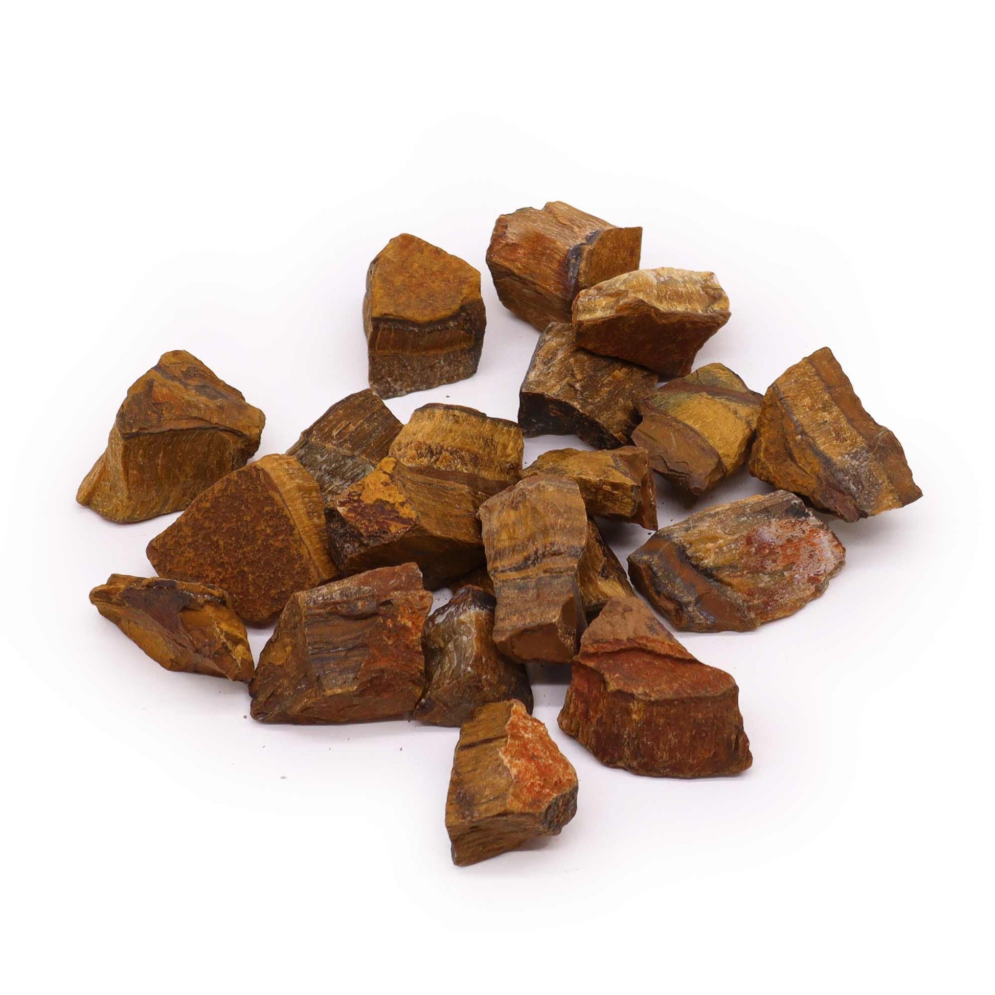 Alt Tag: Gemstone Raw Crystals – 500G Tiger Eye, natural raw tiger eye crystal stones with golden-brown shimmer on white background