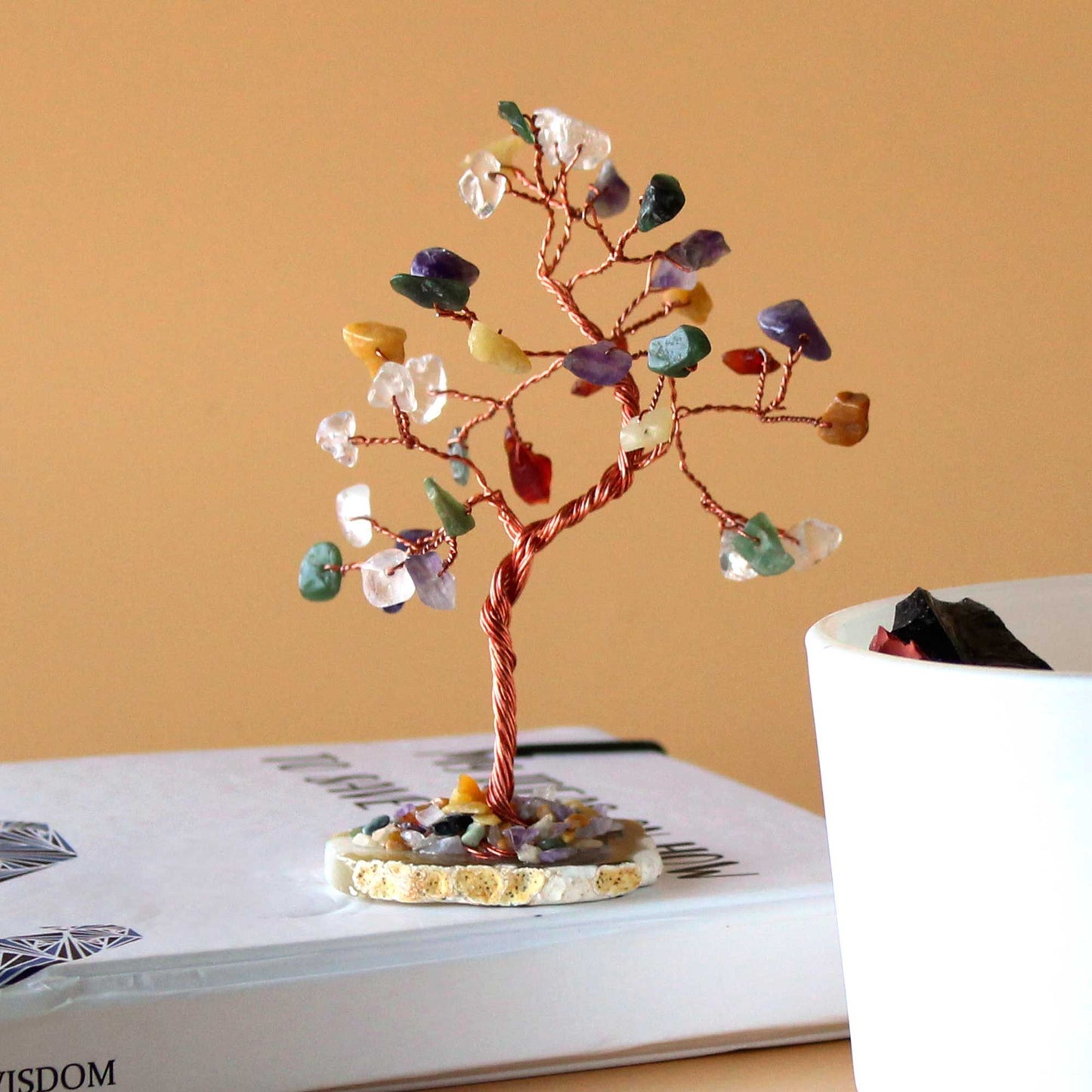 Alt Tag: Gemstone Tree – Agate Base – 35 Stone Marvel gemstone bonsai decor with multicolor stones on agate base, tabletop display