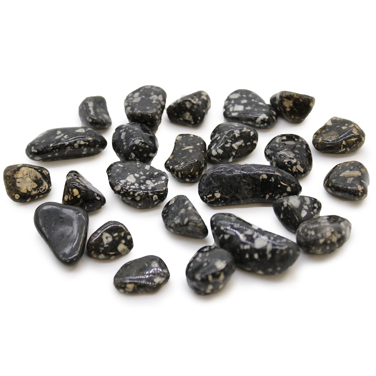 Gemstone Tumble Stones – 24 Piece Guinea Fowl Set, polished black tumble stones with white speckled patterns