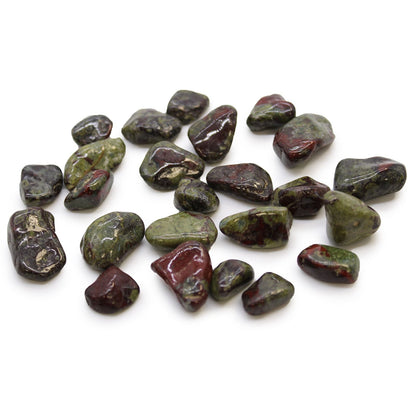 Alt Tag: Gemstone Tumble Stones Bag – 24 Dragon Pieces, small African tumbled gemstones in green and red tones on white background