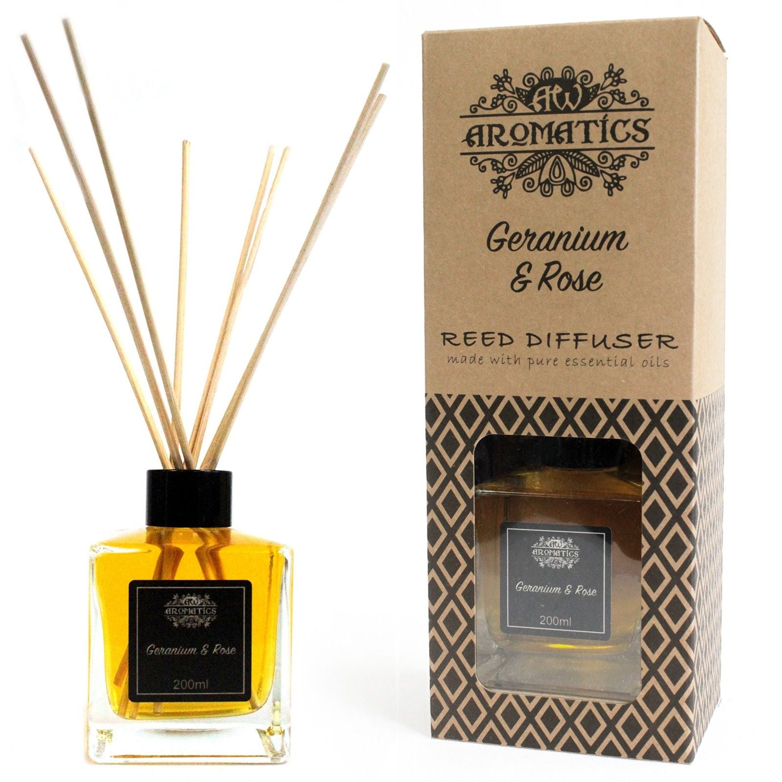 Alt-Tag: Geranien- & Rosen-Ätherisches Öl Raumduft-Diffuser mit Duftstäbchen – 200ML mit Stäbchen und Glasflasche, blumiger Duft, 200 ml, mit Box