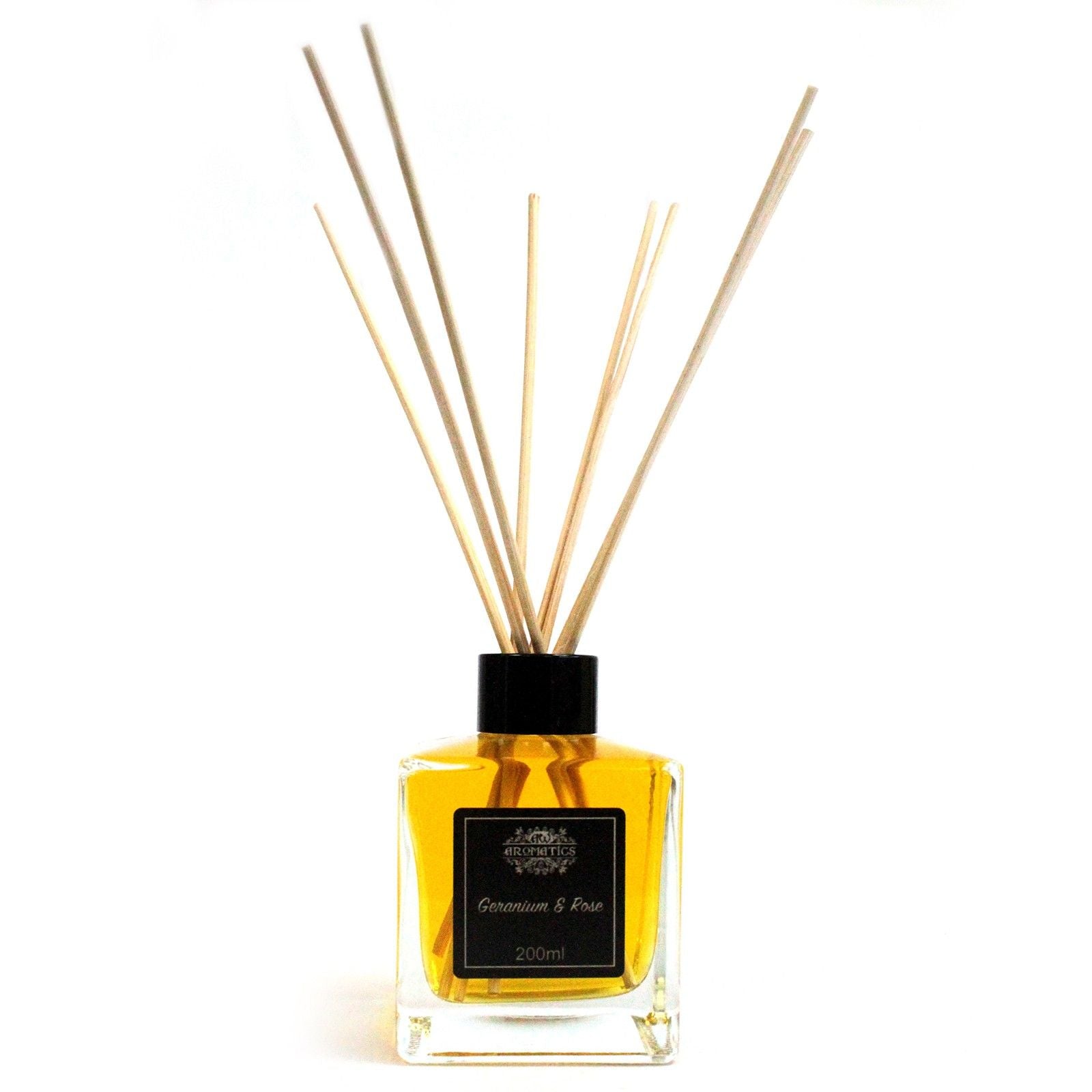 Geranium- & Rosen-Essential-Oil-Duftdiffusor mit Rattanstäbchen – 200ML in quadratischer Glasflasche mit Rattan-Stäbchen und floralem Aromaöl