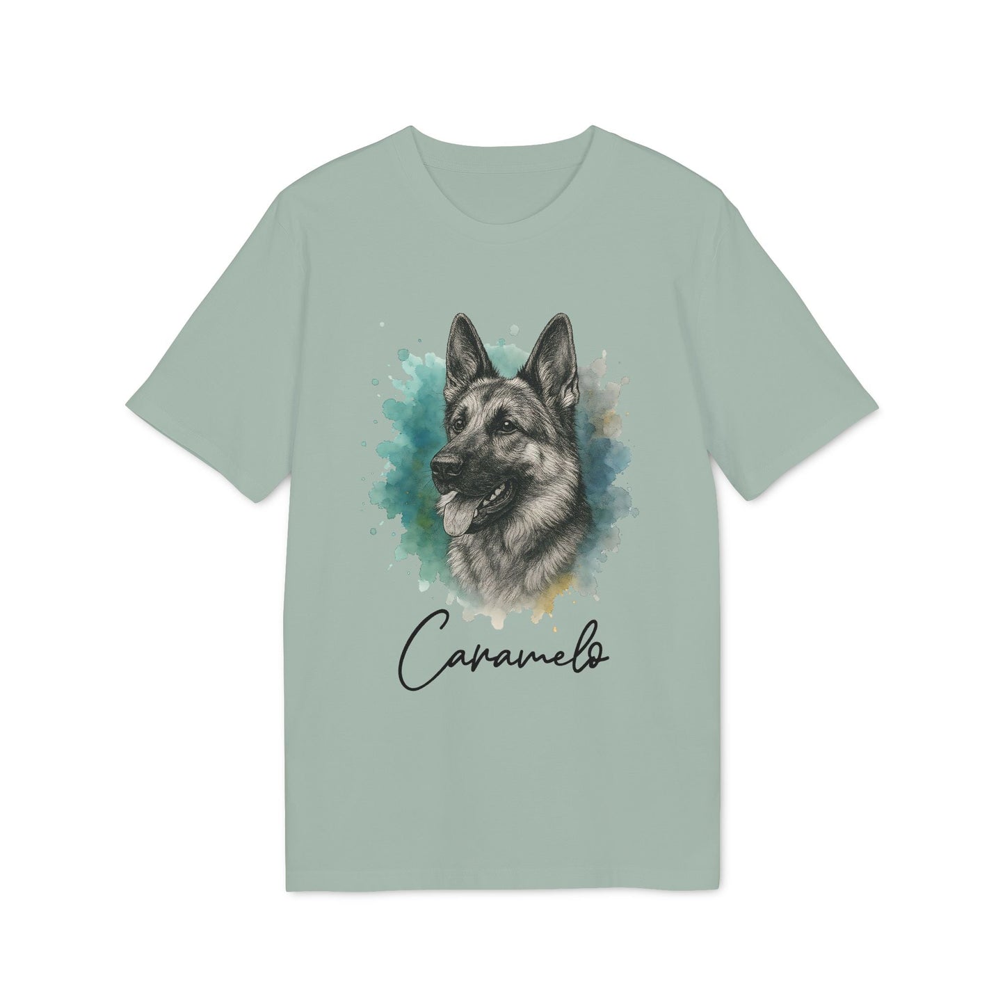 Alt Tag: German Sheppard Personalized 100% Organic Cotton T-Shirt with German shepherd portrait and custom name "Caramelo" on front