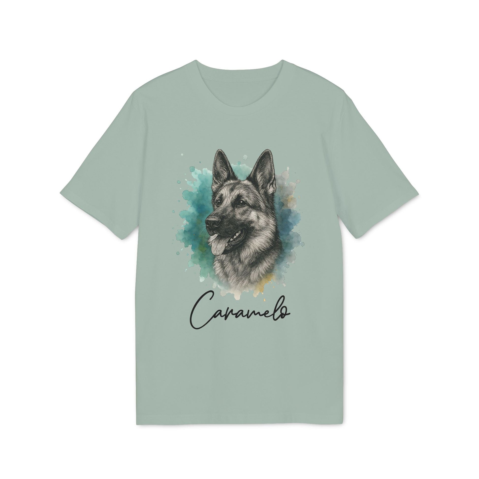 Alt Tag: German Sheppard Personalized 100% Organic Cotton T-Shirt with German shepherd portrait and custom name "Caramelo" on front