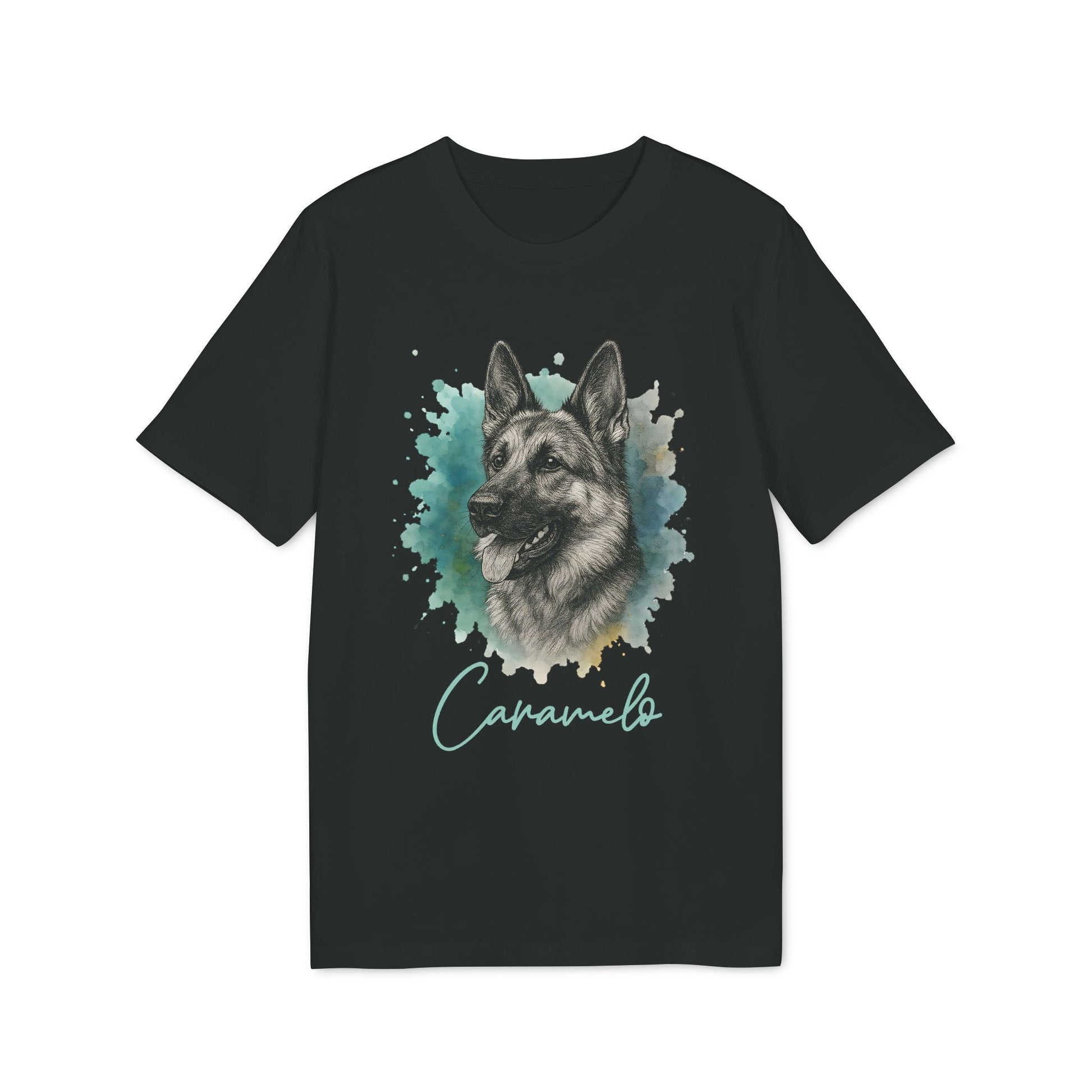 Alt Tag: German Sheppard Personalized 100% Organic Cotton T-Shirt black tee with German Shepherd portrait and name "Caramelo"