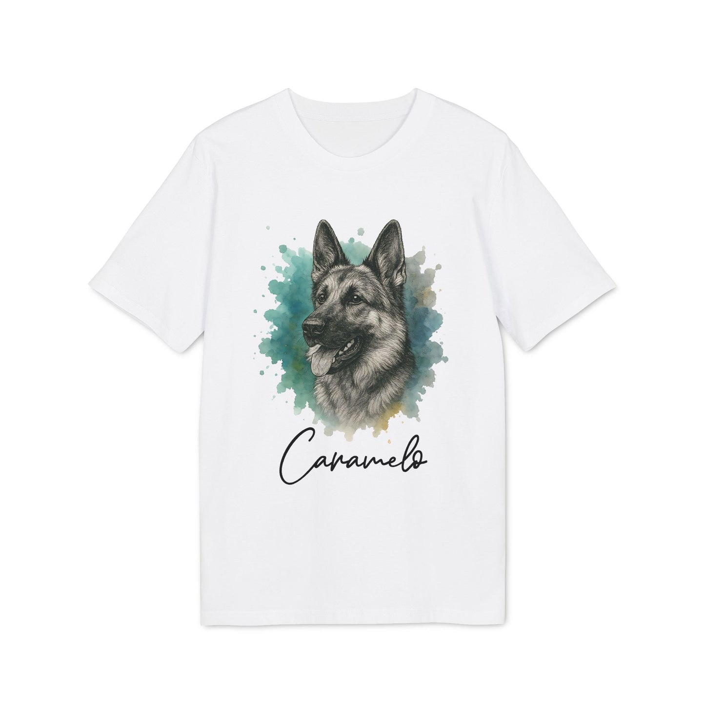 German Sheppard Personalized 100% Organic Cotton T-Shirt white tee with German Shepherd portrait and "Caramelo" name print