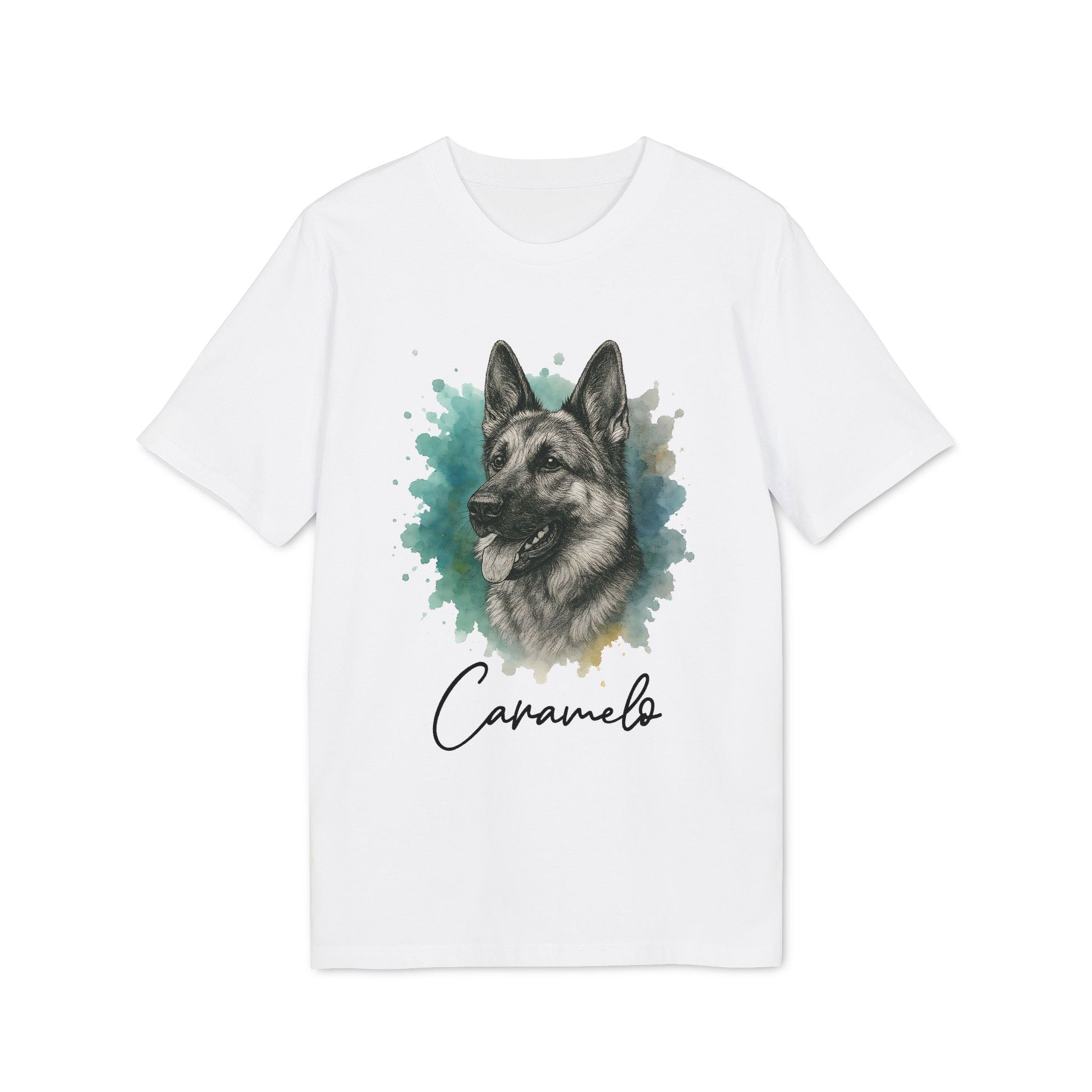 German Sheppard Personalized 100% Organic Cotton T-Shirt white tee with German Shepherd portrait and "Caramelo" name print