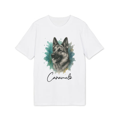 German Sheppard Personalized 100% Organic Cotton T-Shirt white tee with German Shepherd portrait and "Caramelo" name print