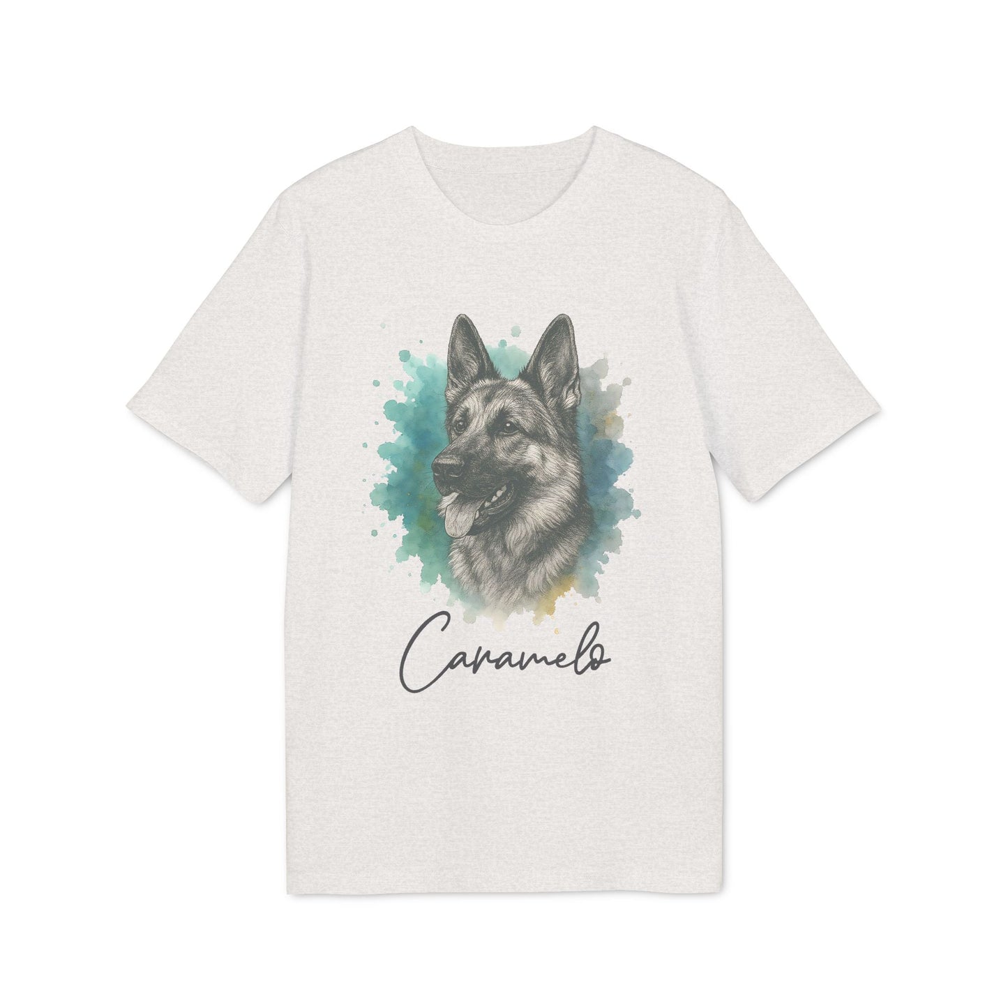 German Sheppard Personalized 100% Organic Cotton T-Shirt with German Shepherd portrait and name Caramelo on white tee